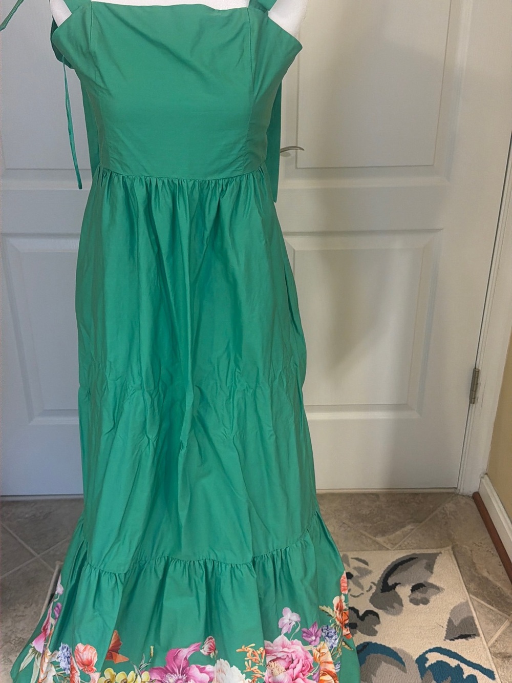 Express beautiful Green with floral detail and bow tie straps dress!